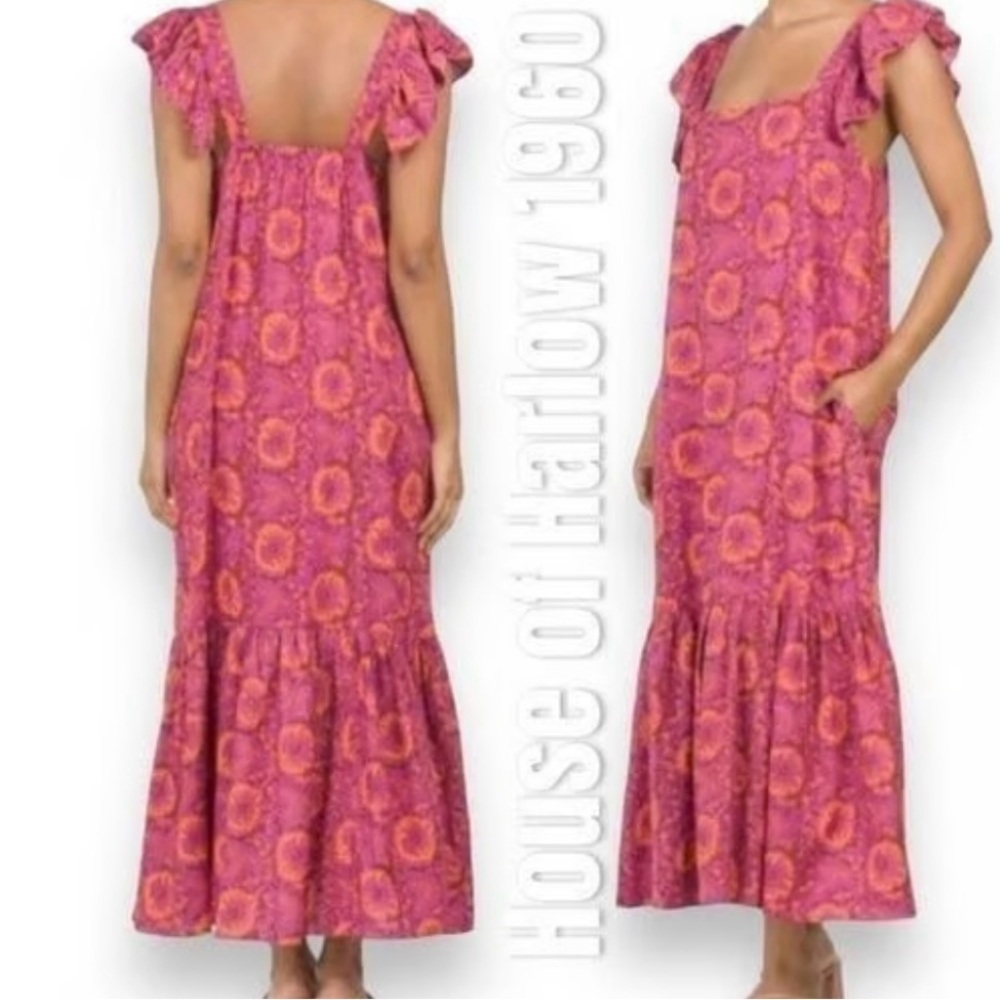House Of Harlowe Dress Sz XS Womens Pink Floral Maxi Ruffle Button Straps